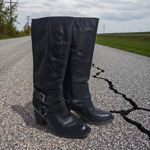 Naya Gazelle Leather Boots Black Block Heel Mid Calf 7.5 Women's Bikercore